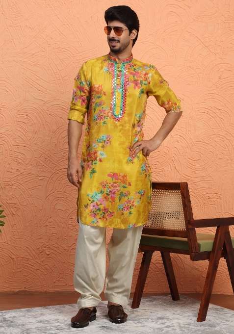 Mustard Yoke Design Silk Blend Kurta Set For Men