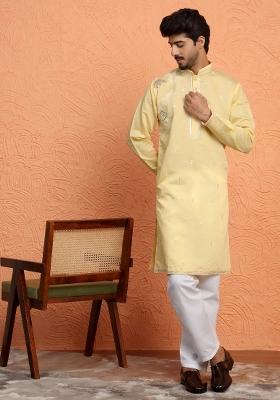 Yellow Embroidered Silk Blend Kurta Set For Men