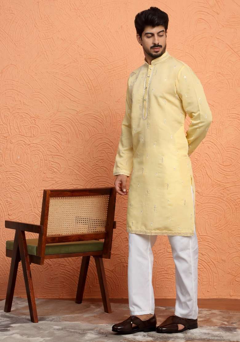 Yellow Embroidered Silk Blend Kurta Set For Men - Indya