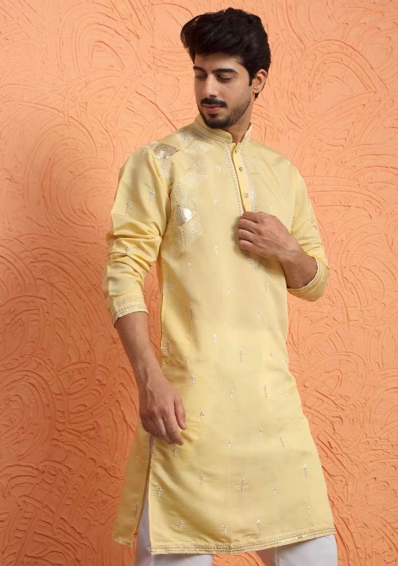 Yellow Embroidered Silk Blend Kurta Set For Men - Indya