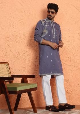 Purple Embroidered Silk Blend Kurta Set For Men
