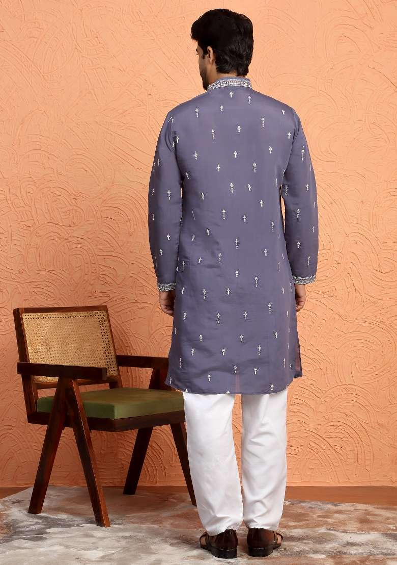 Purple Embroidered Silk Blend Kurta Set For Men - Indya