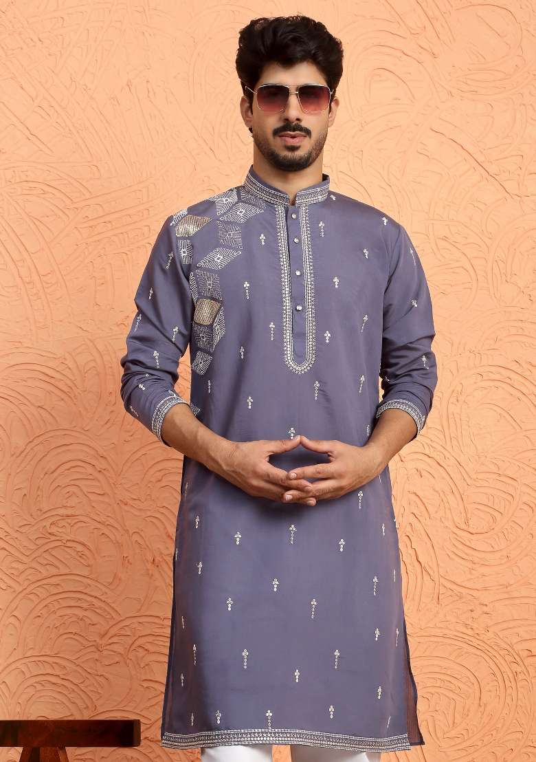 Purple Embroidered Silk Blend Kurta Set For Men - Indya
