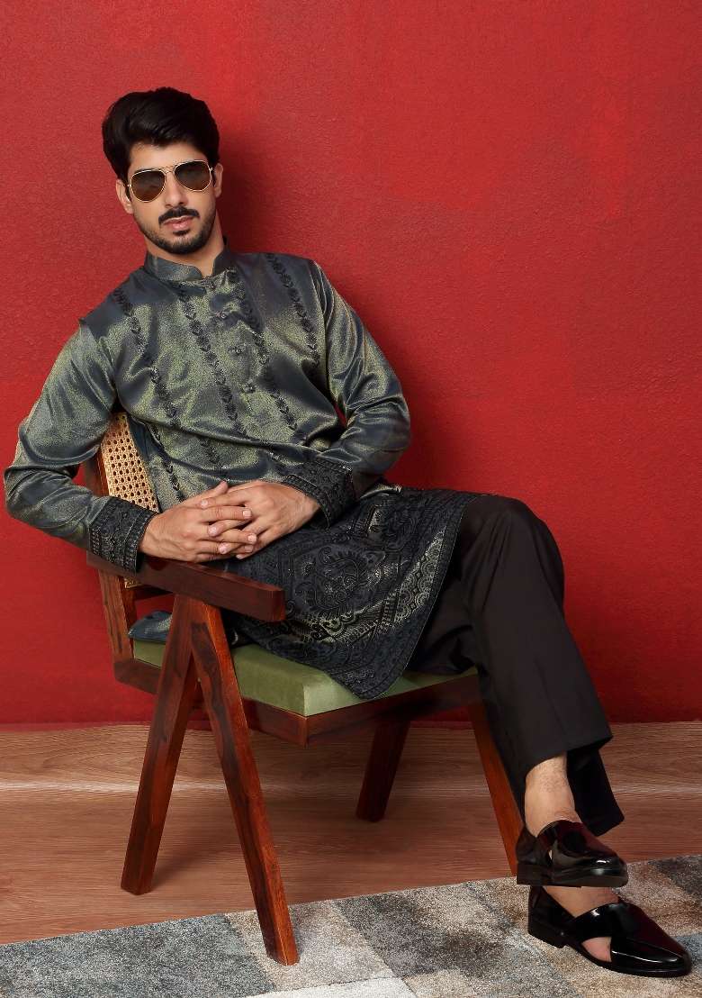 Blue Embroidered Silk Blend Kurta Set For Men - Indya