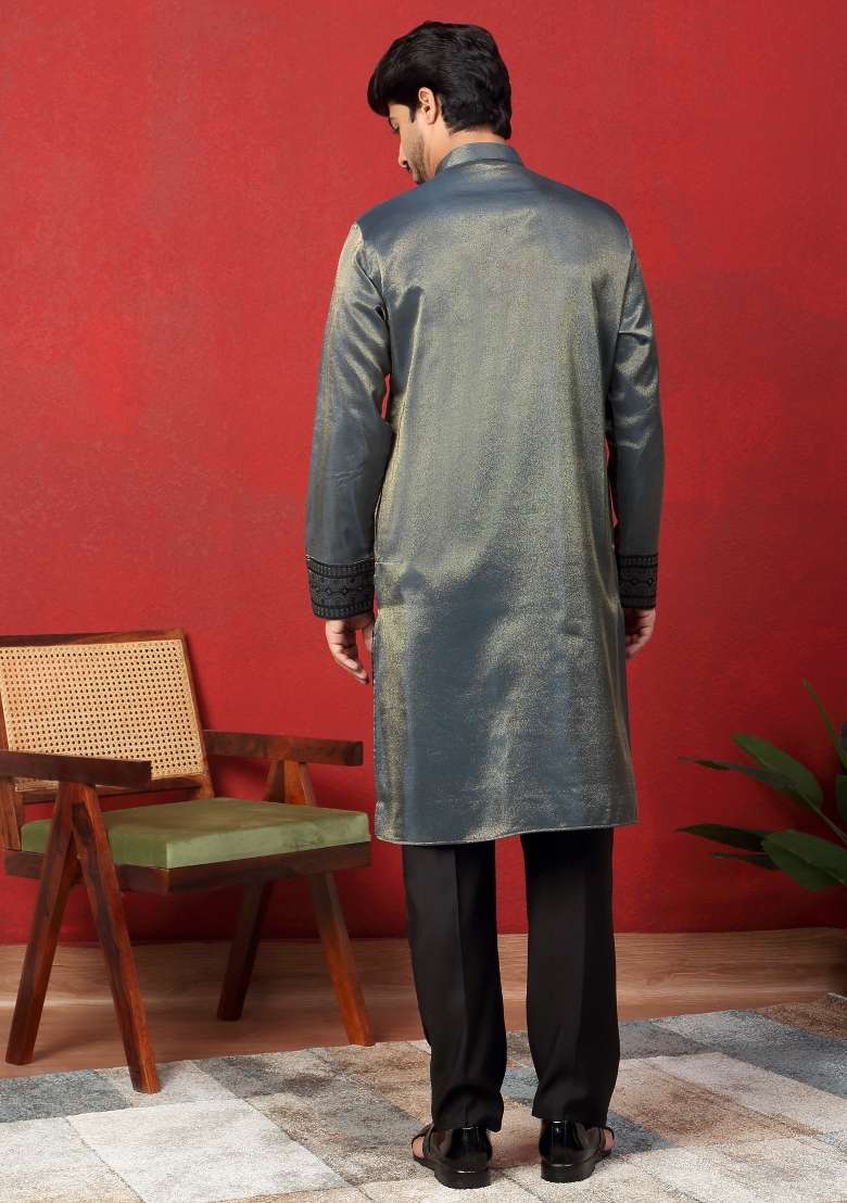 Blue Embroidered Silk Blend Kurta Set For Men - Indya