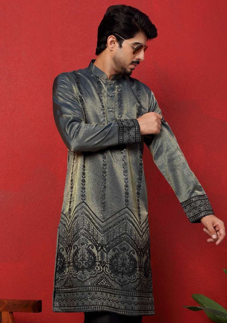 Blue Embroidered Silk Blend Kurta Set For Men - Indya