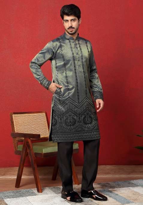 Blue Embroidered Silk Blend Kurta Set For Men