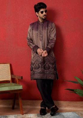 Purple Embroidered Silk Blend Kurta Set For Men