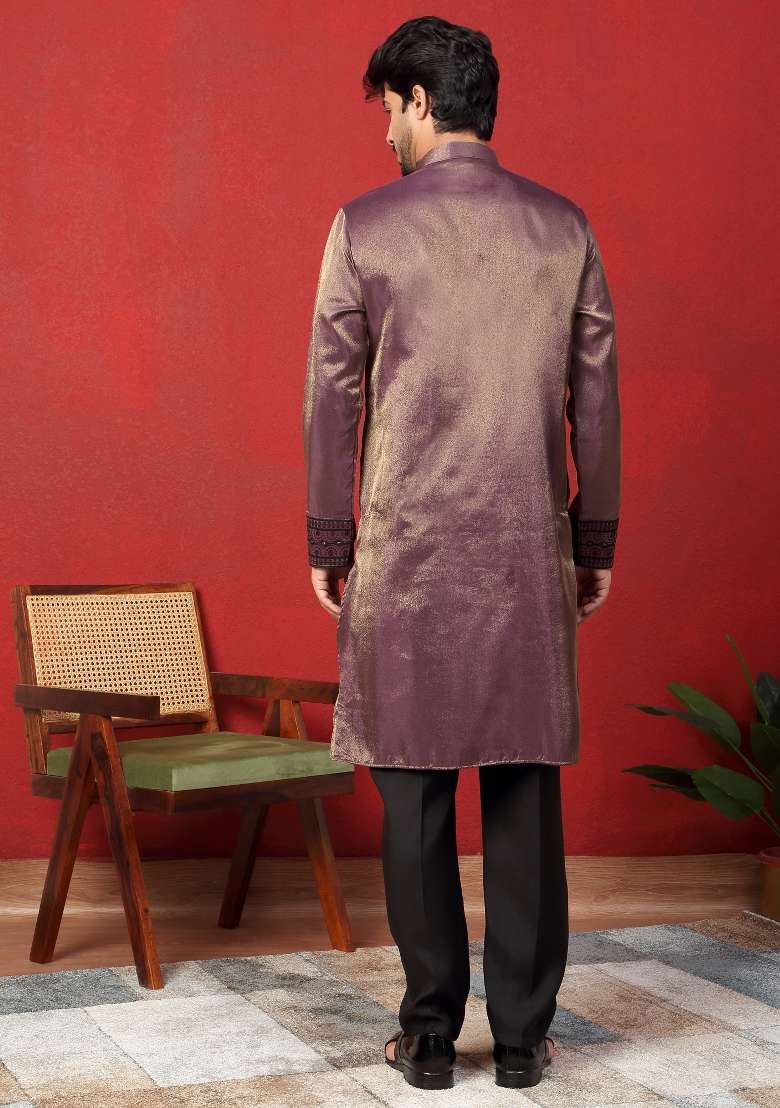 Purple Embroidered Silk Blend Kurta Set For Men - Indya