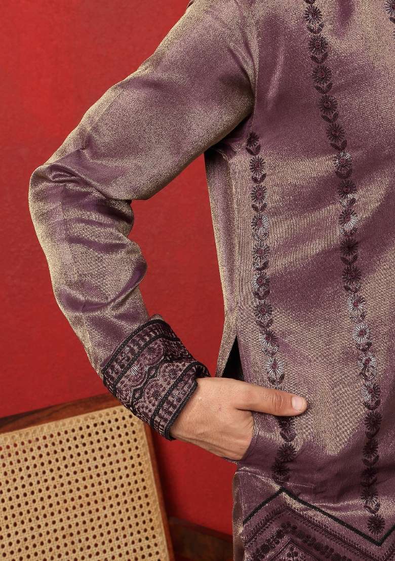 Purple Embroidered Silk Blend Kurta Set For Men - Indya