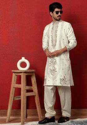 Cream Embroidered Silk Blend Kurta Set For Men