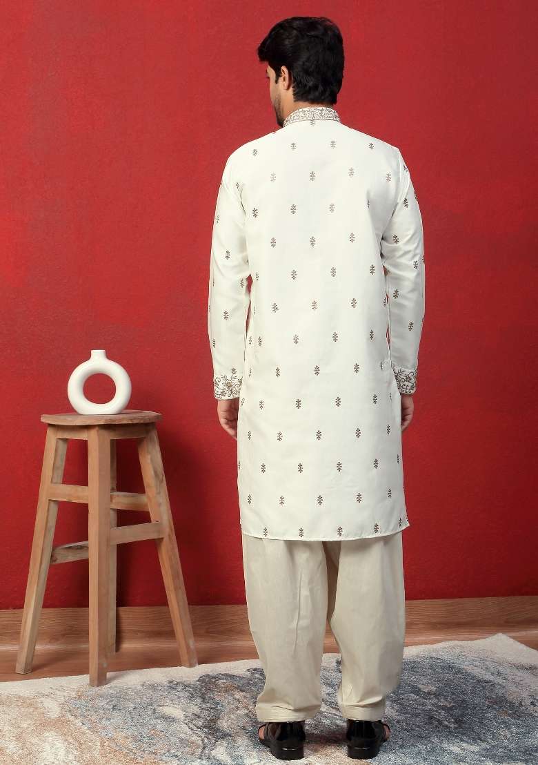 Cream Embroidered Silk Blend Kurta Set For Men - Indya