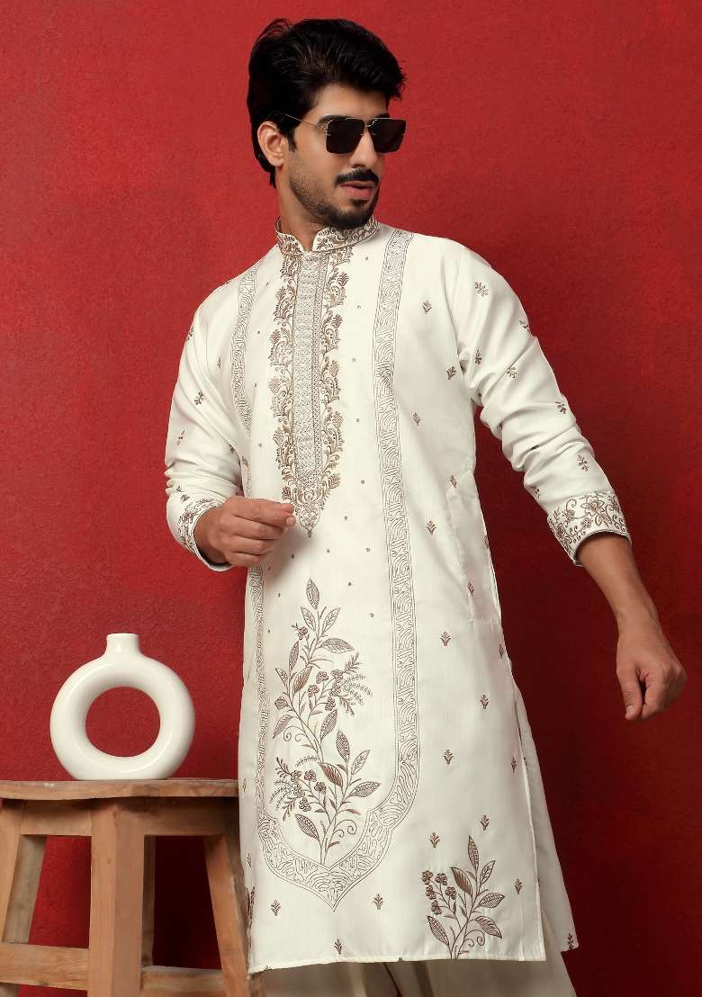 Cream Embroidered Silk Blend Kurta Set For Men - Indya