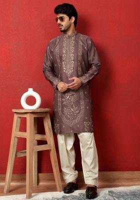 Mauve Embroidered Silk Blend Kurta Set For Men