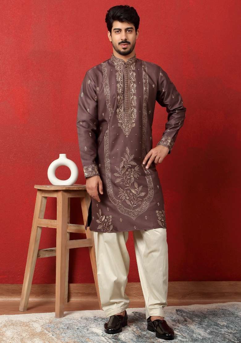 Mauve Embroidered Silk Blend Kurta Set For Men - Indya