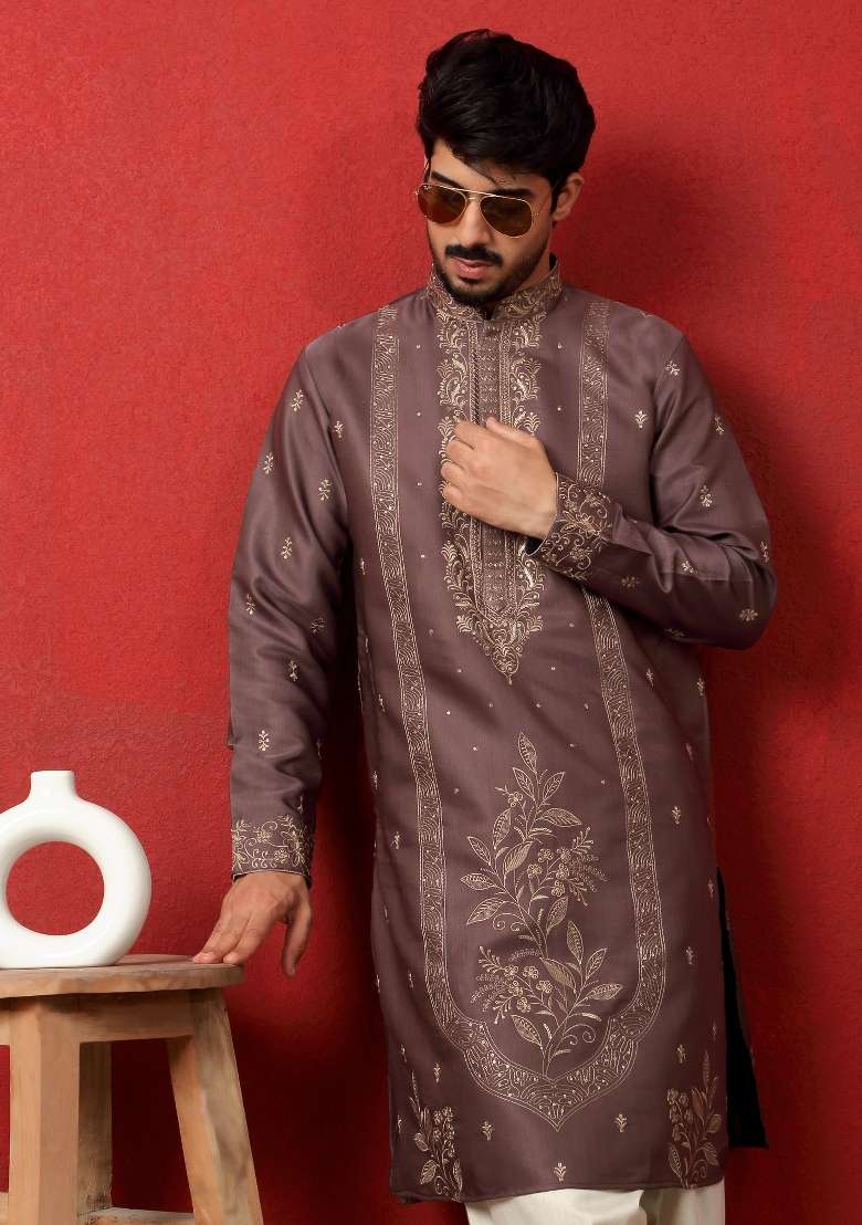 Mauve Embroidered Silk Blend Kurta Set For Men - Indya