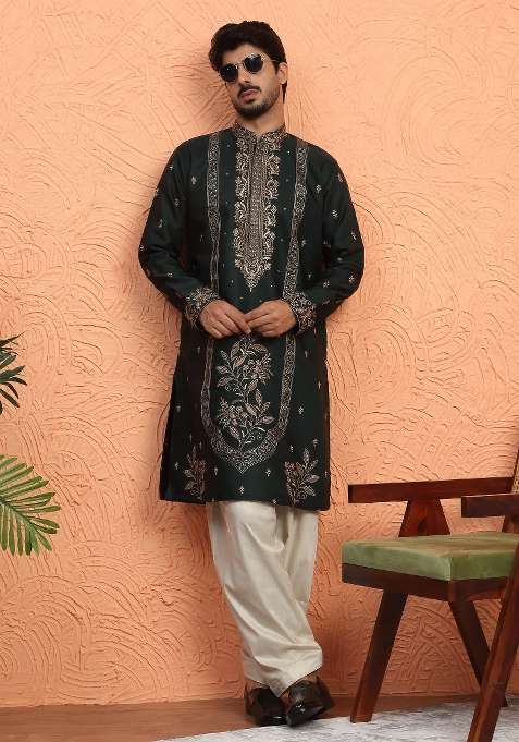Green Embroidered Silk Blend Kurta Set For Men