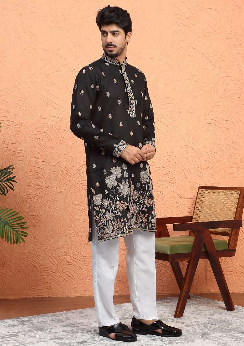 Black Embroidered Silk Blend Kurta Set For Men - Indya