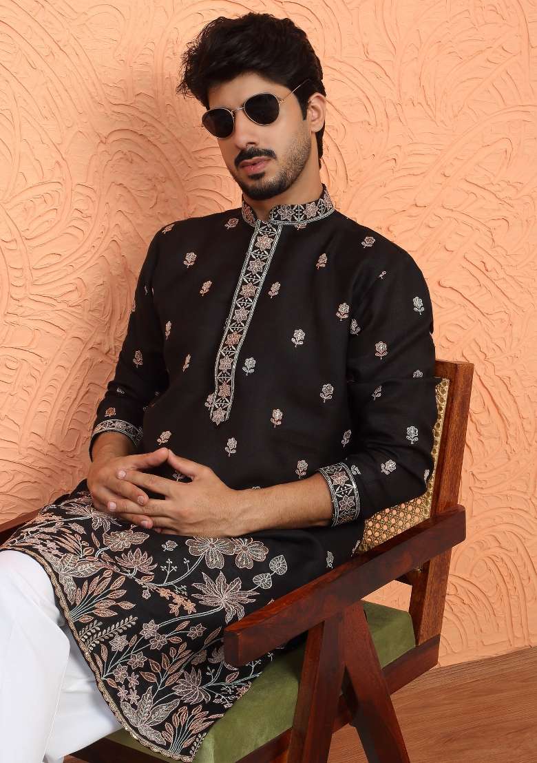 Black Embroidered Silk Blend Kurta Set For Men - Indya