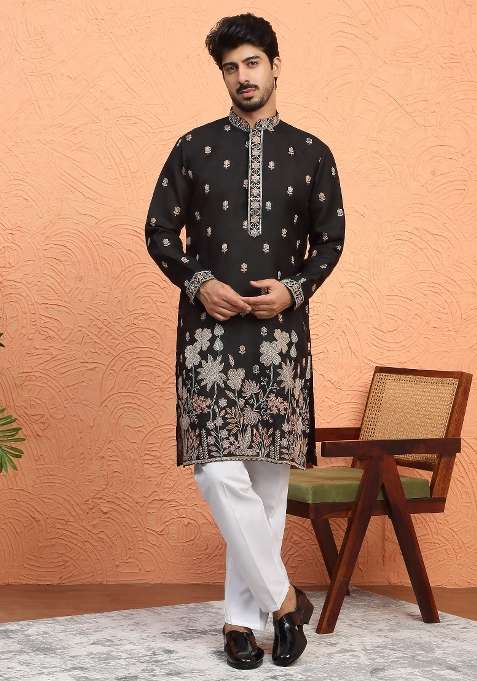 Black Embroidered Silk Blend Kurta Set For Men