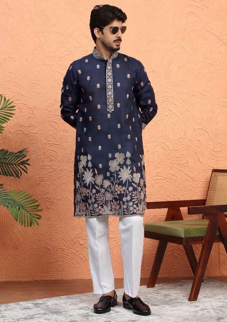 Blue Embroidered Silk Blend Kurta Set For Men - Indya