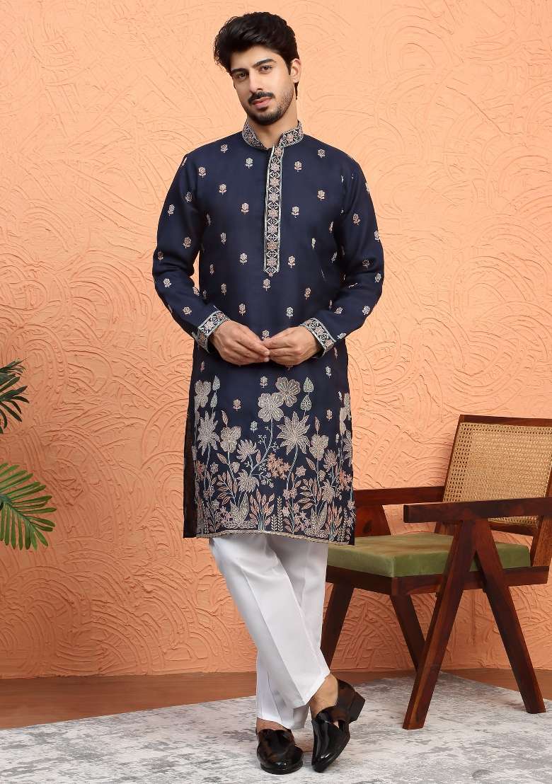 Blue Embroidered Silk Blend Kurta Set For Men - Indya