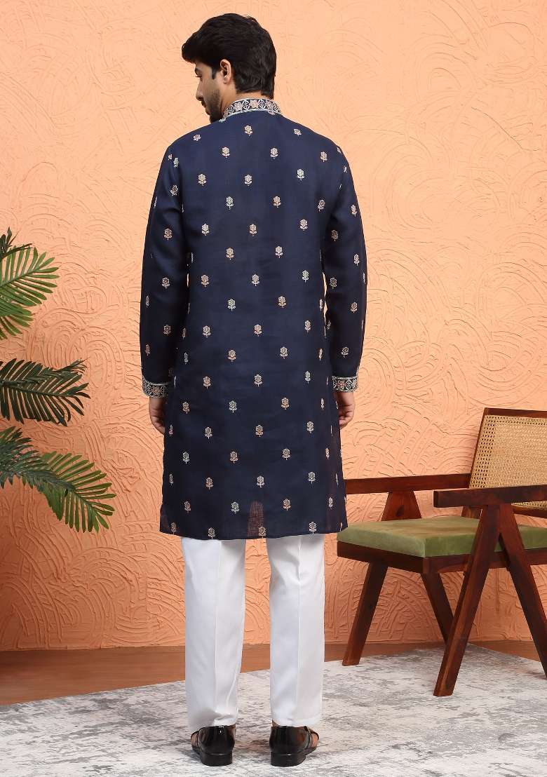Blue Embroidered Silk Blend Kurta Set For Men - Indya