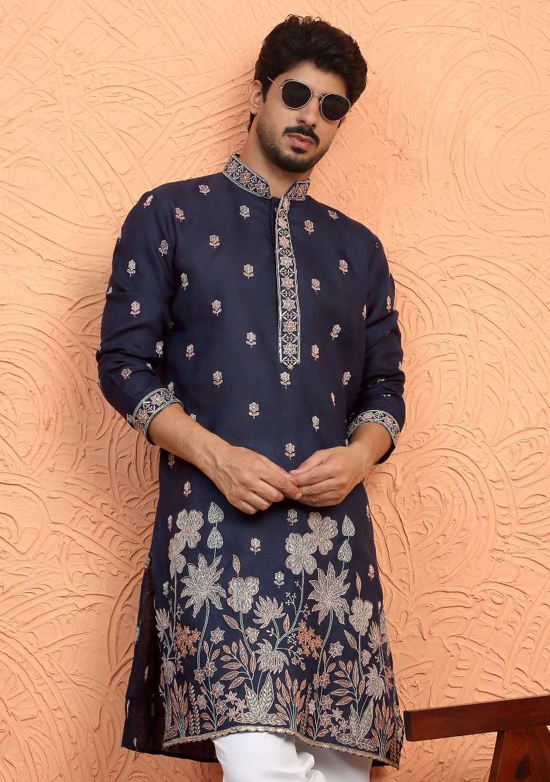 Blue Embroidered Silk Blend Kurta Set For Men - Indya