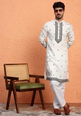 White Yoke Design Cotton Kurta Set For Men