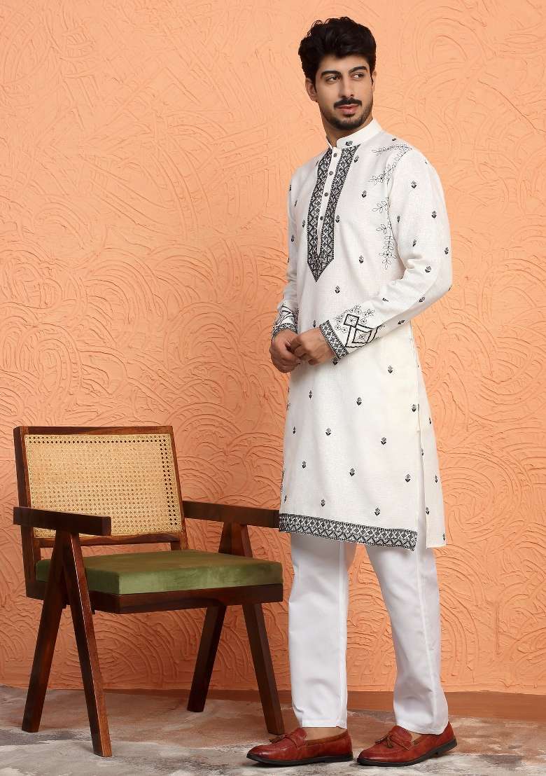 White Yoke Design Cotton Kurta Set For Men - Indya