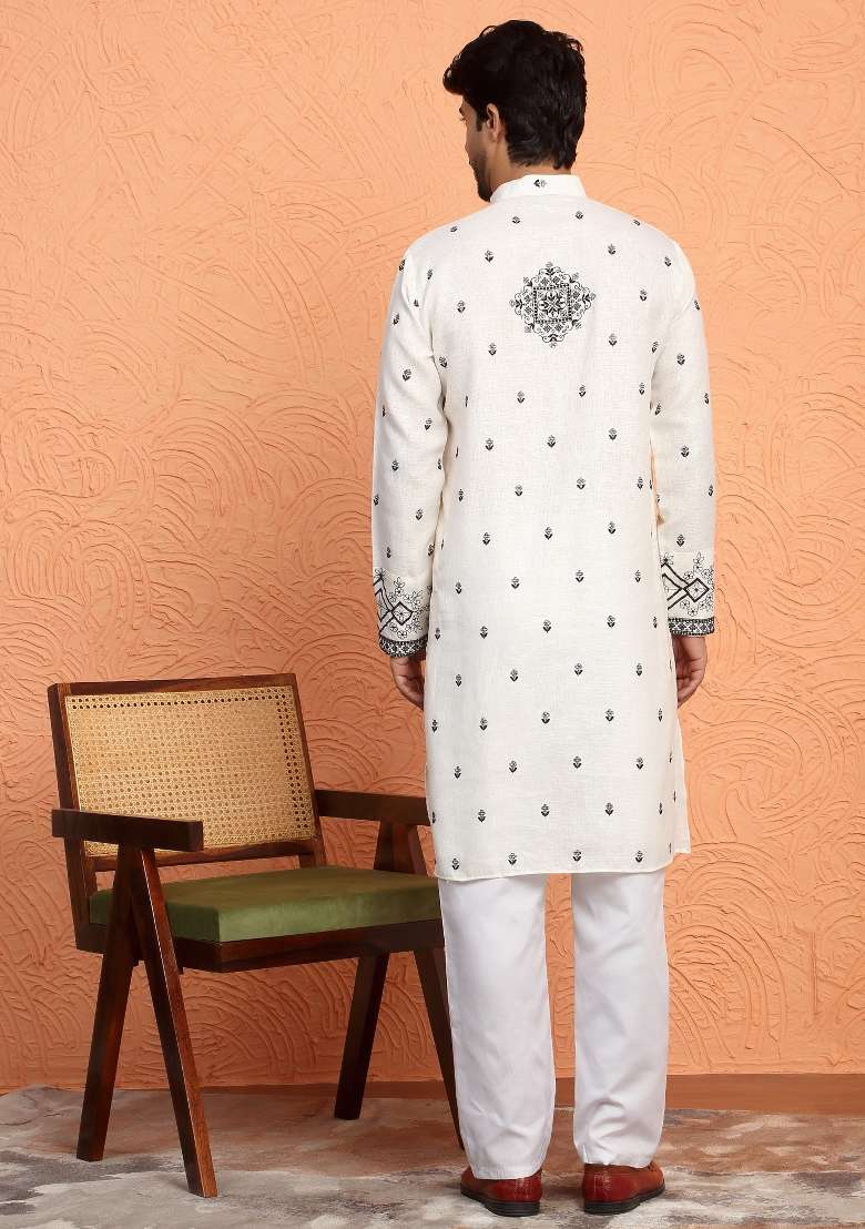 White Yoke Design Cotton Kurta Set For Men - Indya