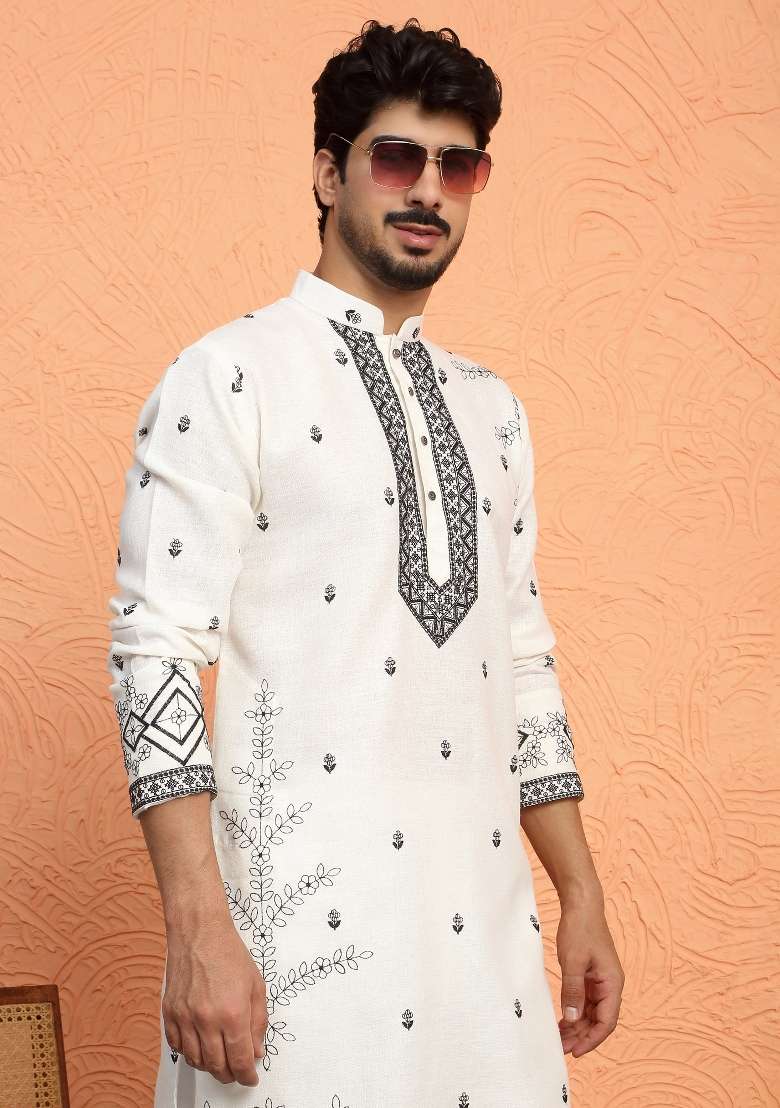 White Yoke Design Cotton Kurta Set For Men - Indya