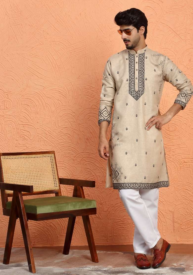 Beige Yoke Design Cotton Kurta Set For Men - Indya