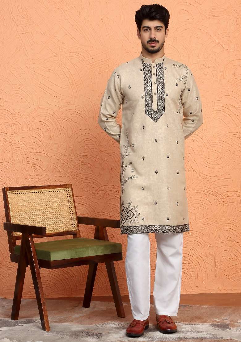 Beige Yoke Design Cotton Kurta Set For Men - Indya