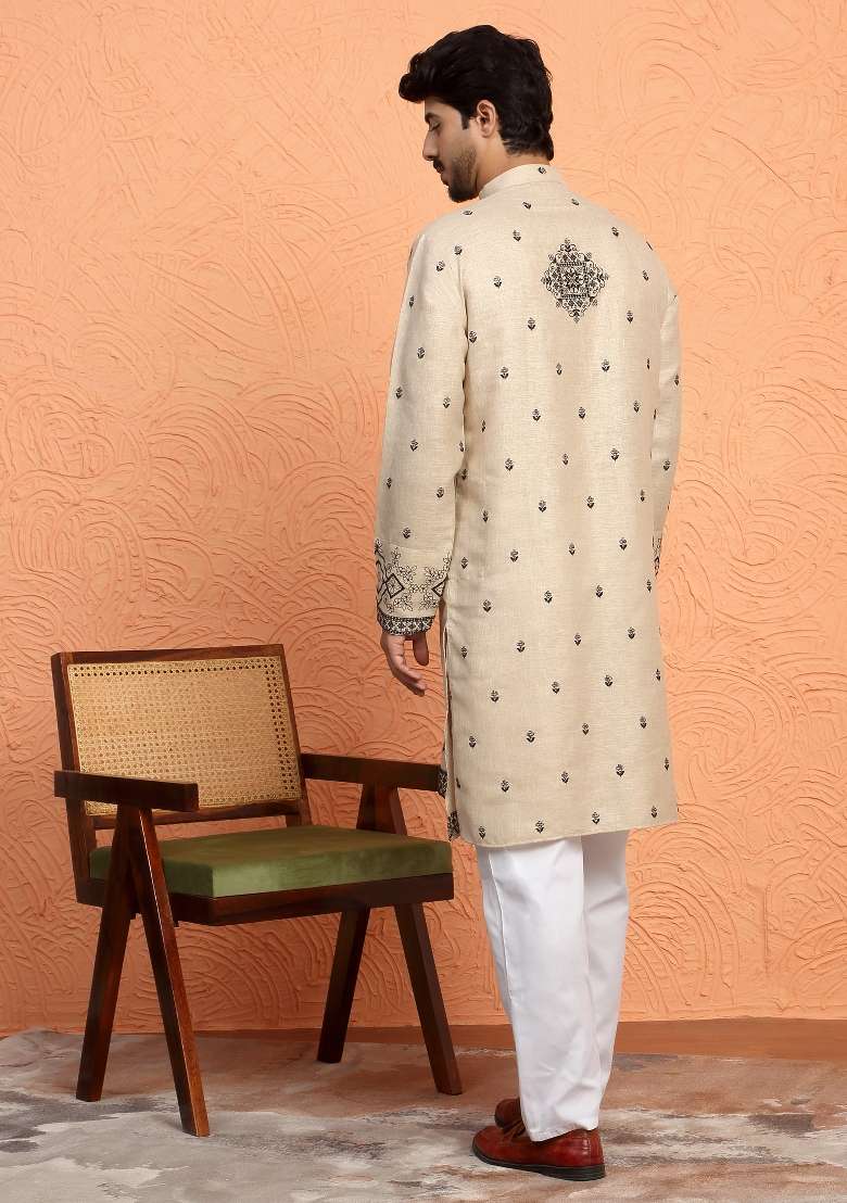 Beige Yoke Design Cotton Kurta Set For Men - Indya