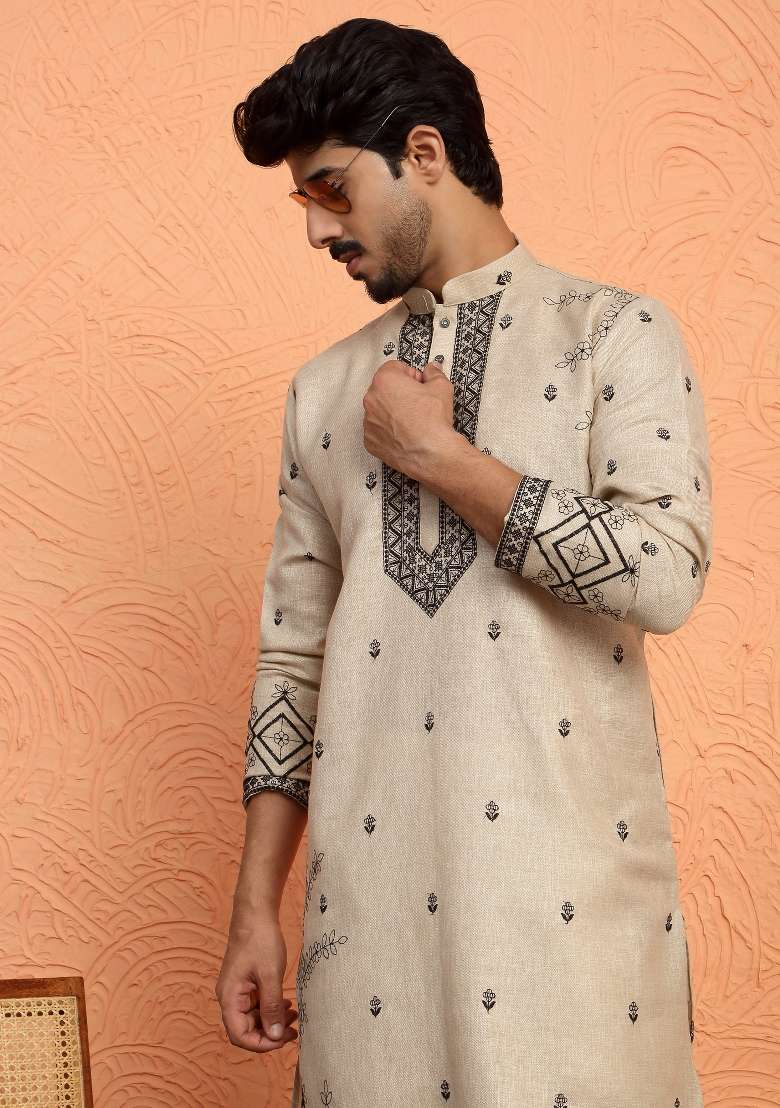 Beige Yoke Design Cotton Kurta Set For Men - Indya