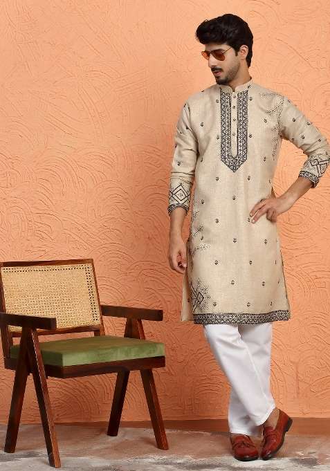 Beige Yoke Design Cotton Kurta Set For Men