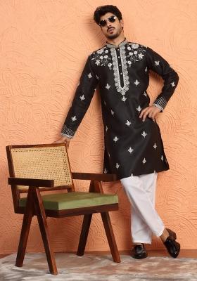 Black Yoke Design Cotton Kurta Set For Men
