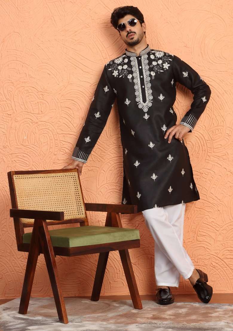 Black Yoke Design Cotton Kurta Set For Men - Indya