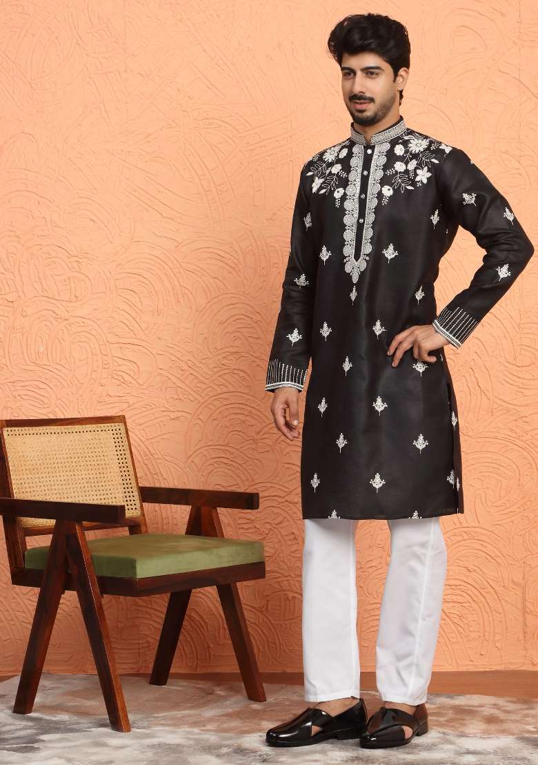 Black Yoke Design Cotton Kurta Set For Men - Indya