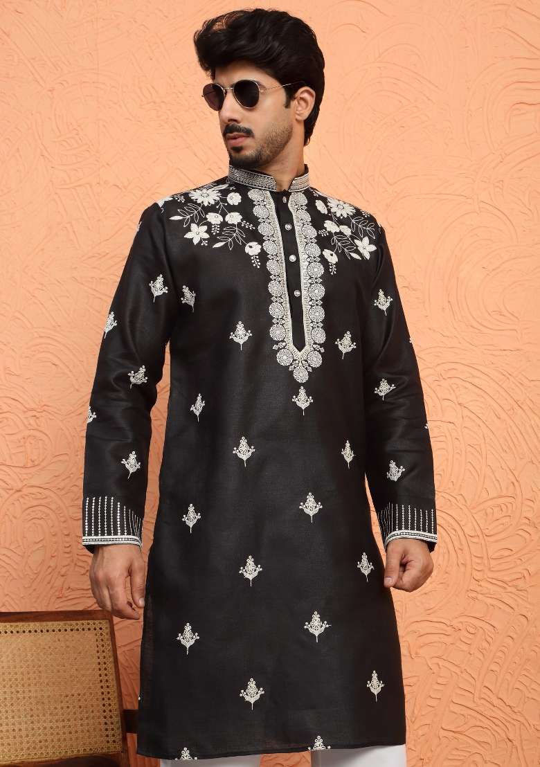 Black Yoke Design Cotton Kurta Set For Men - Indya