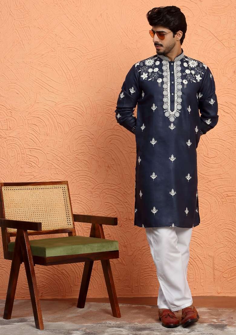 Blue Yoke Design Cotton Kurta Set For Men - Indya