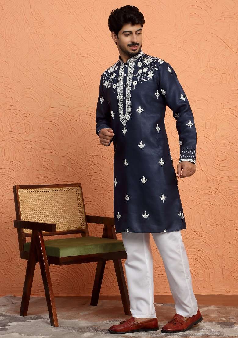 Blue Yoke Design Cotton Kurta Set For Men - Indya