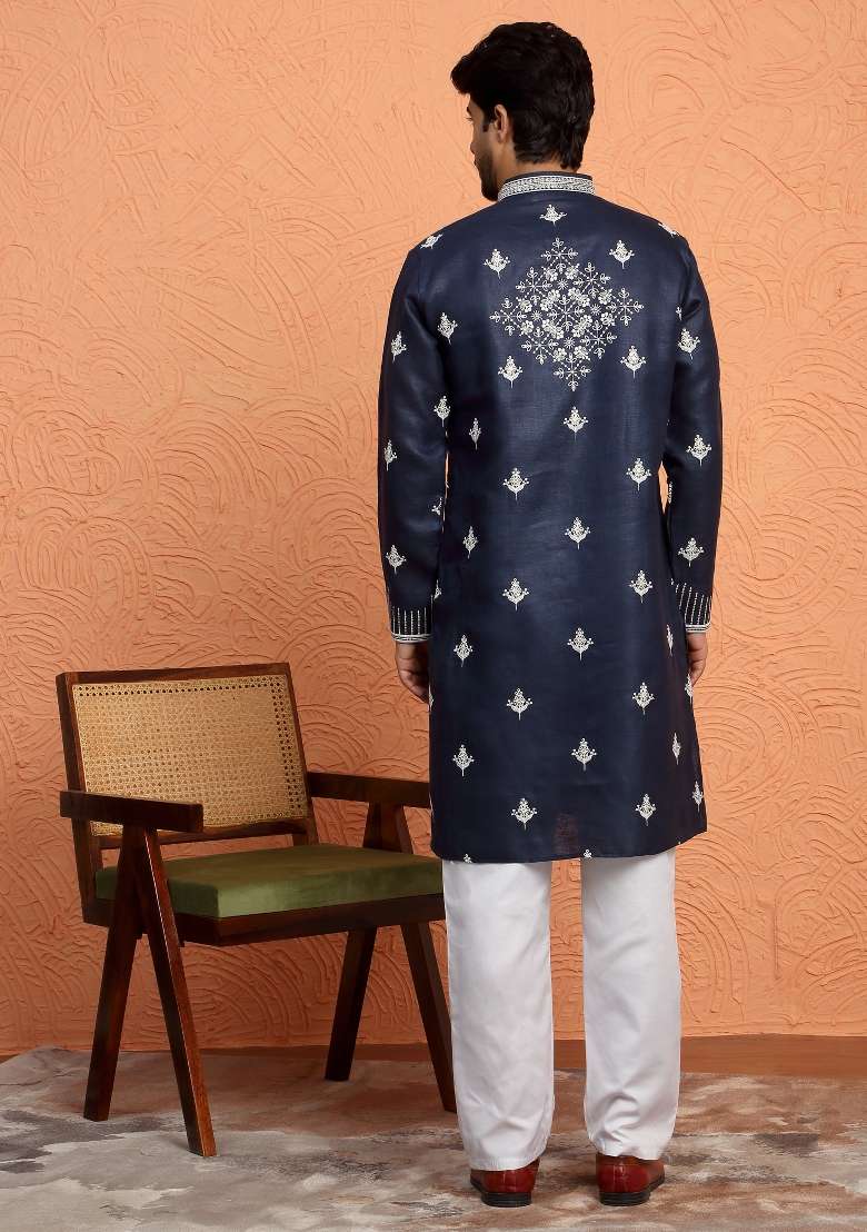 Blue Yoke Design Cotton Kurta Set For Men - Indya