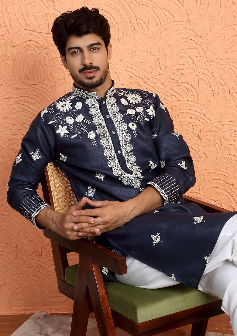 Blue Yoke Design Cotton Kurta Set For Men - Indya