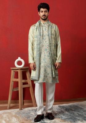 Green Printed Silk Blend Kurta Set For Men