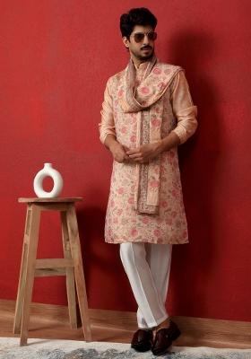 Peach Printed Silk Blend Kurta Set For Men