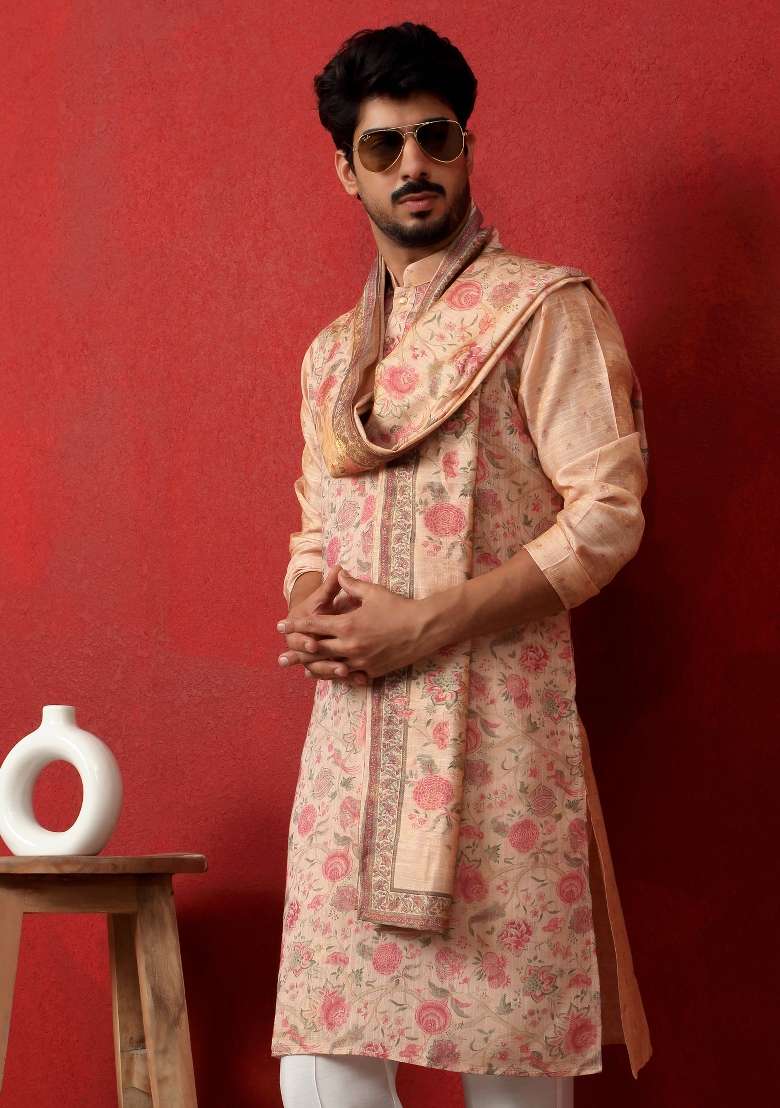 Peach Printed Silk Blend Kurta Set For Men - Indya