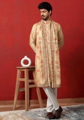 Beige Printed Silk Blend Kurta Set For Men