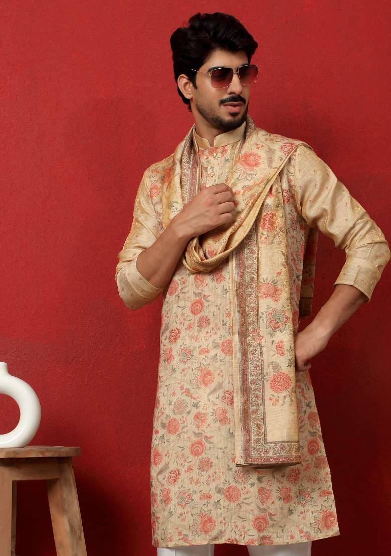 Beige Printed Silk Blend Kurta Set For Men - Indya